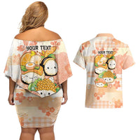 Personalized Japanese Kawaii Sushi Couples Matching Off Shoulder Short Dress and Hawaiian Shirt Peach Wagara Palaka This Is How I Roll - Wonder Print Shop