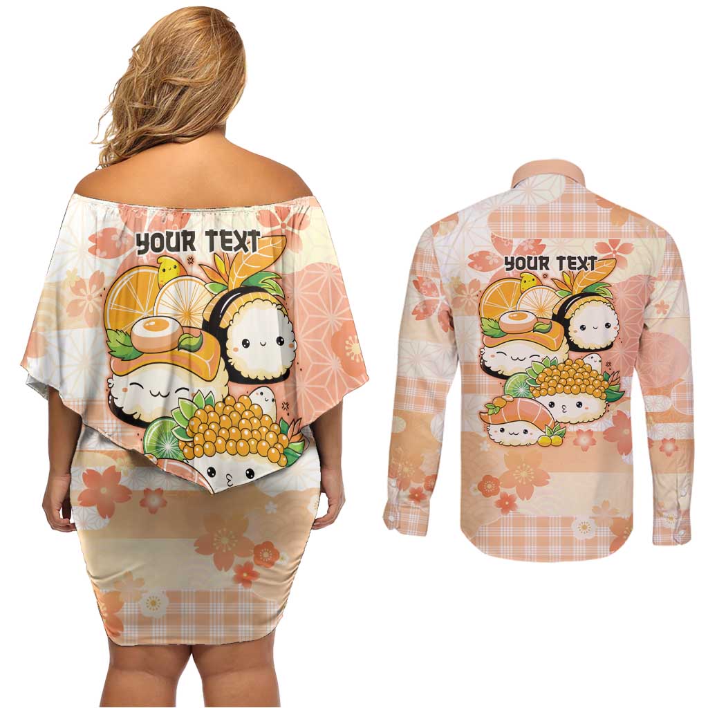 Personalized Japanese Kawaii Sushi Couples Matching Off Shoulder Short Dress and Long Sleeve Button Shirt Peach Wagara Palaka This Is How I Roll - Wonder Print Shop