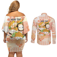 Personalized Japanese Kawaii Sushi Couples Matching Off Shoulder Short Dress and Long Sleeve Button Shirt Peach Wagara Palaka This Is How I Roll - Wonder Print Shop