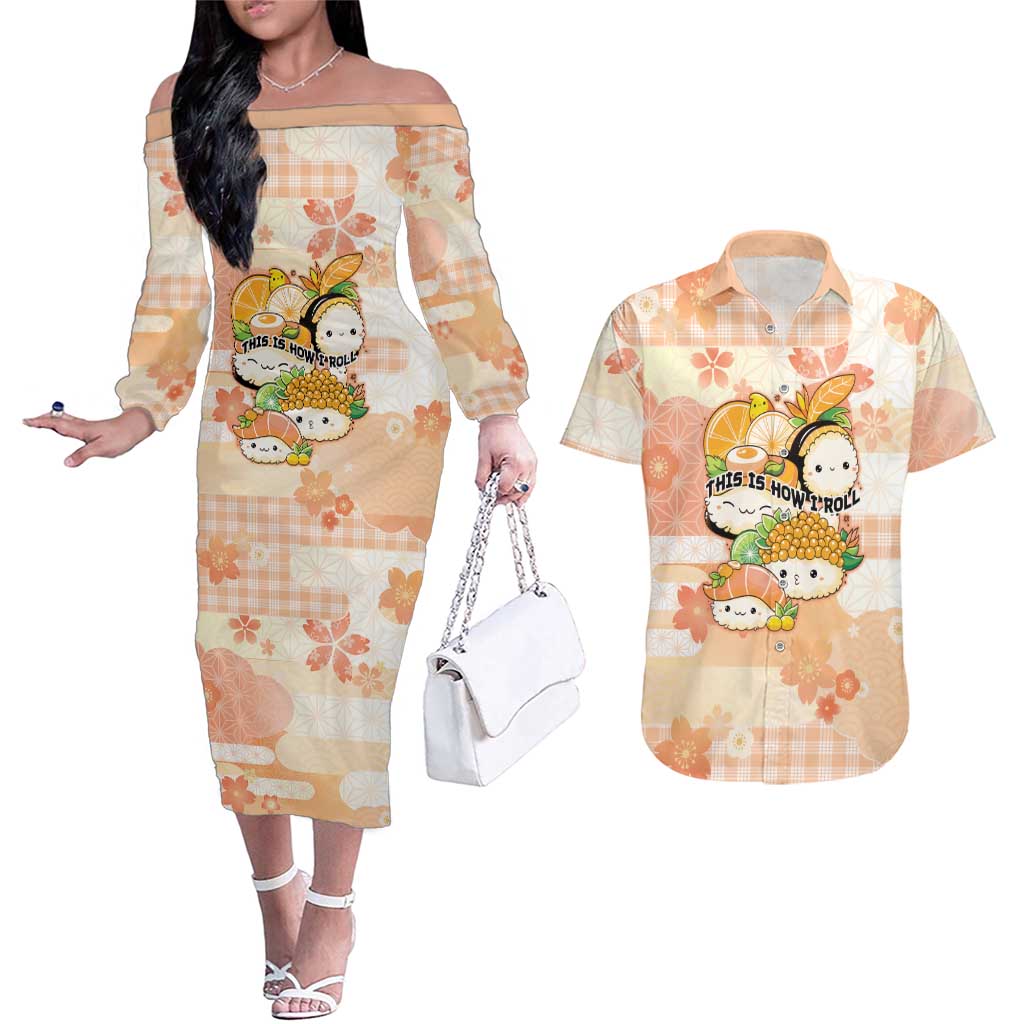Personalized Japanese Kawaii Sushi Couples Matching Off The Shoulder Long Sleeve Dress and Hawaiian Shirt Peach Wagara Palaka This Is How I Roll - Wonder Print Shop