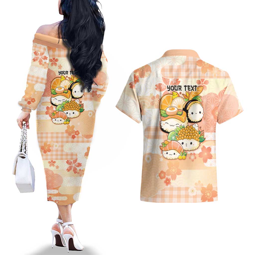 Personalized Japanese Kawaii Sushi Couples Matching Off The Shoulder Long Sleeve Dress and Hawaiian Shirt Peach Wagara Palaka This Is How I Roll - Wonder Print Shop