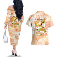 Personalized Japanese Kawaii Sushi Couples Matching Off The Shoulder Long Sleeve Dress and Hawaiian Shirt Peach Wagara Palaka This Is How I Roll - Wonder Print Shop