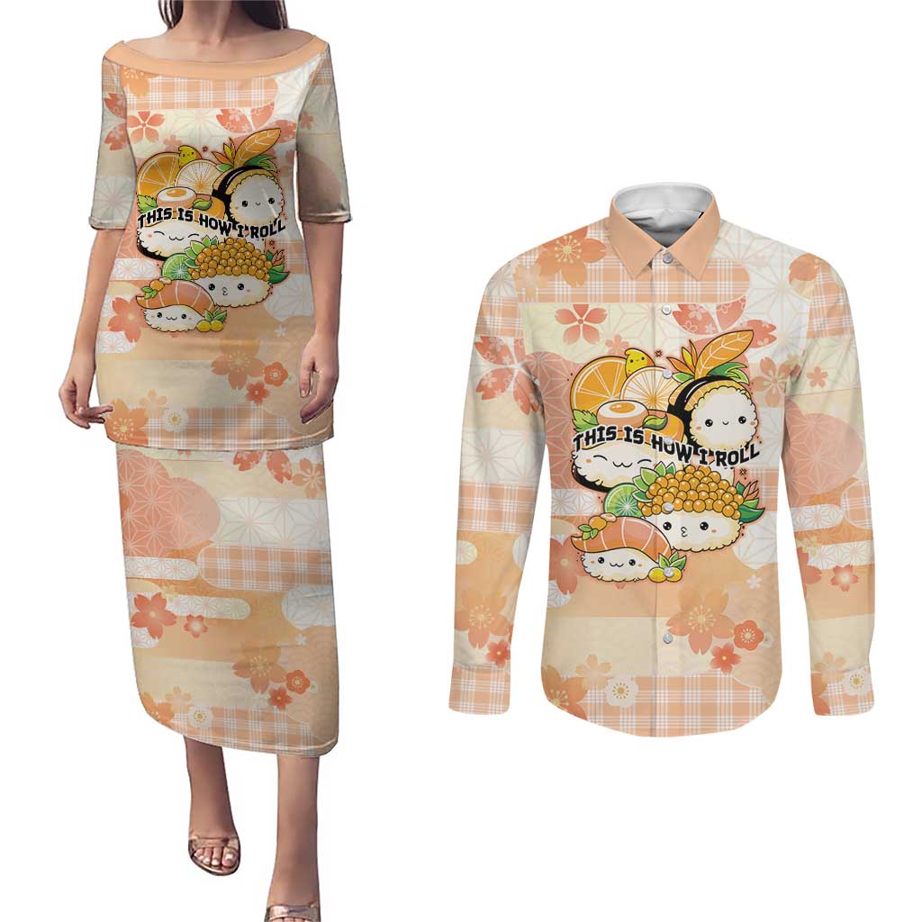 Personalized Japanese Kawaii Sushi Couples Matching Puletasi and Long Sleeve Button Shirt Peach Wagara Palaka This Is How I Roll - Wonder Print Shop