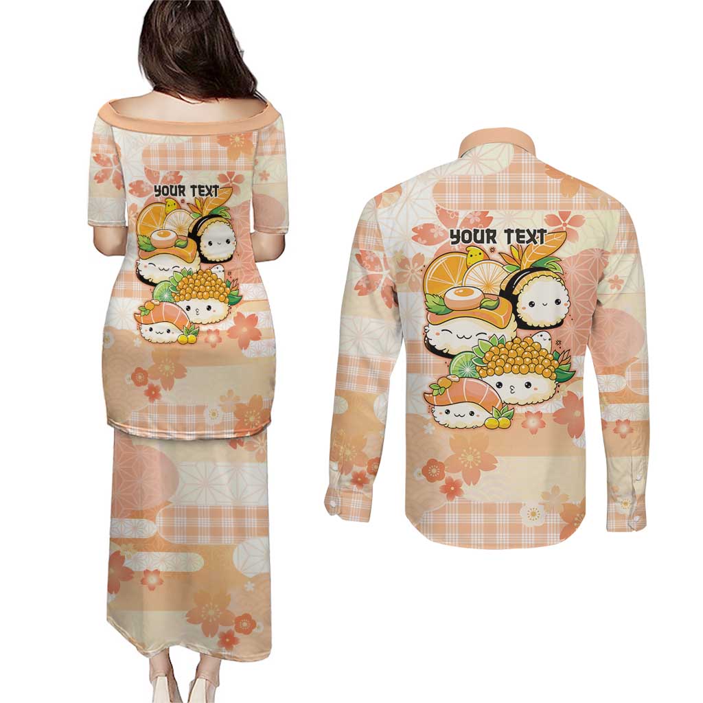 Personalized Japanese Kawaii Sushi Couples Matching Puletasi and Long Sleeve Button Shirt Peach Wagara Palaka This Is How I Roll - Wonder Print Shop