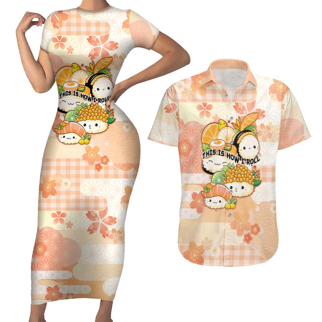 Personalized Japanese Kawaii Sushi Couples Matching Short Sleeve Bodycon Dress and Hawaiian Shirt Peach Wagara Palaka This Is How I Roll - Wonder Print Shop