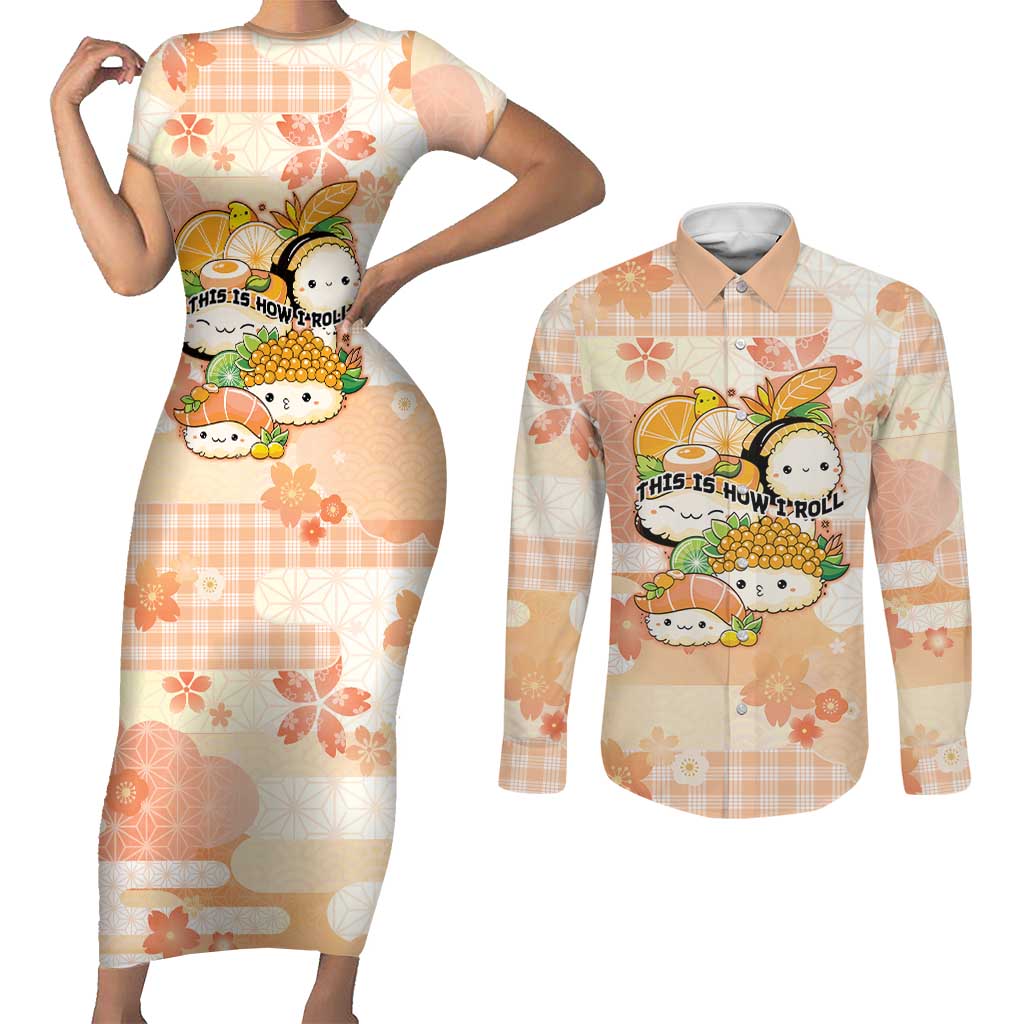Personalized Japanese Kawaii Sushi Couples Matching Short Sleeve Bodycon Dress and Long Sleeve Button Shirt Peach Wagara Palaka This Is How I Roll - Wonder Print Shop