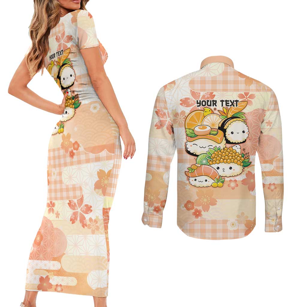 Personalized Japanese Kawaii Sushi Couples Matching Short Sleeve Bodycon Dress and Long Sleeve Button Shirt Peach Wagara Palaka This Is How I Roll - Wonder Print Shop
