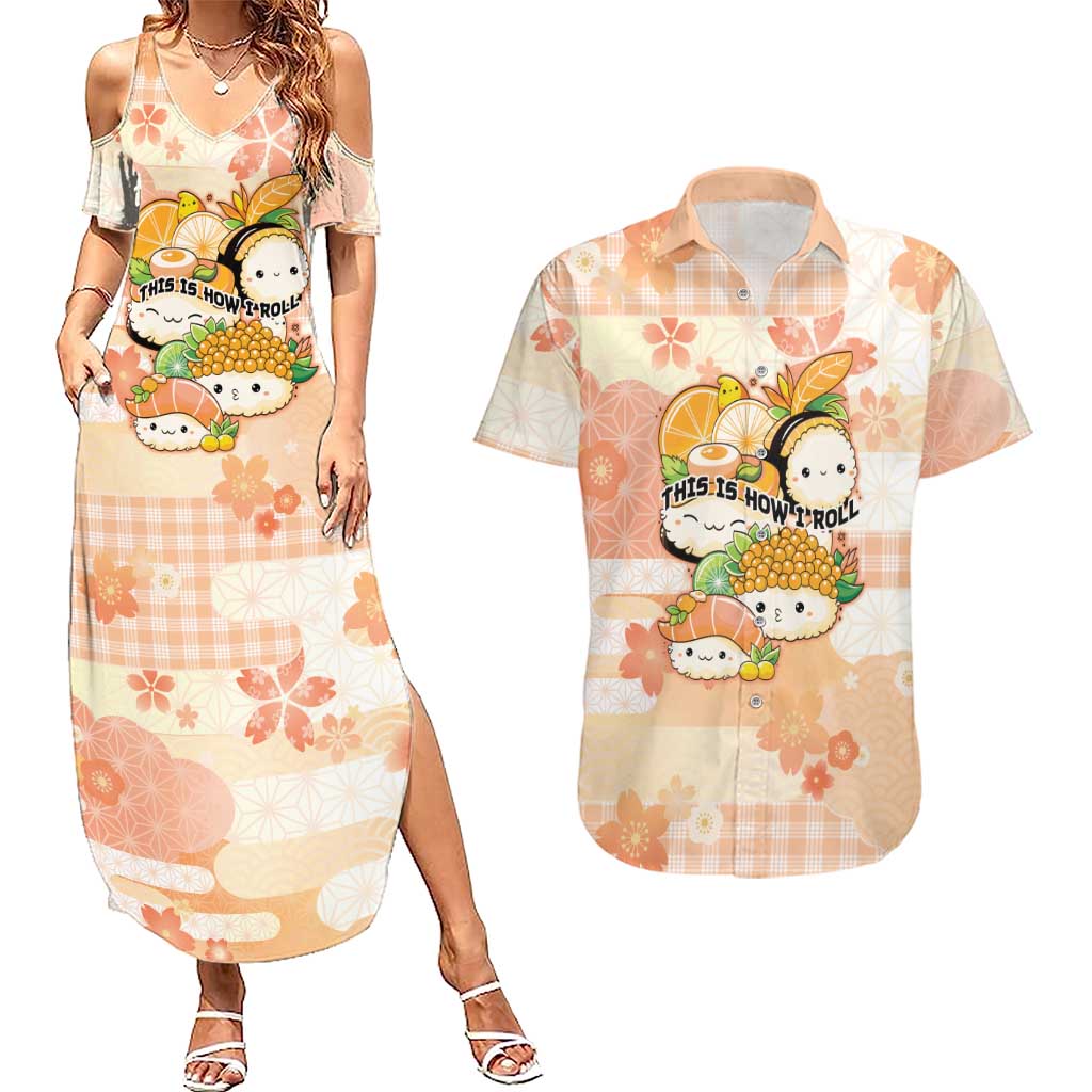 Personalized Japanese Kawaii Sushi Couples Matching Summer Maxi Dress and Hawaiian Shirt Peach Wagara Palaka This Is How I Roll - Wonder Print Shop