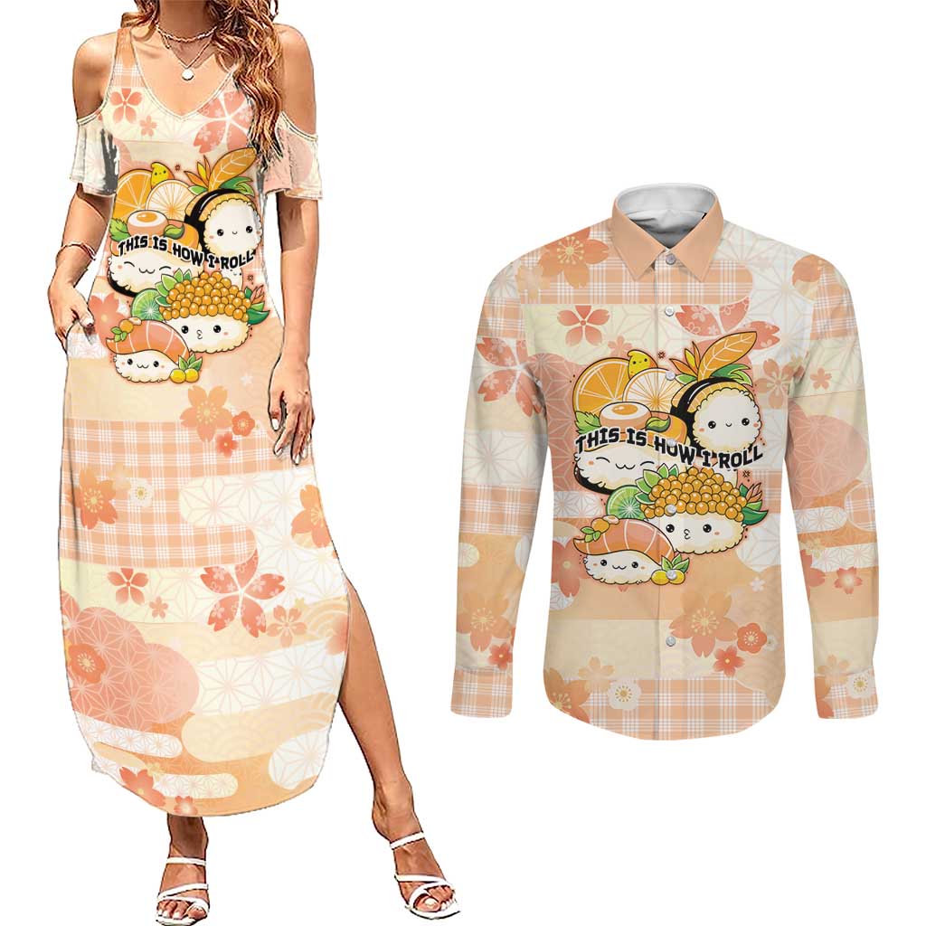 Personalized Japanese Kawaii Sushi Couples Matching Summer Maxi Dress and Long Sleeve Button Shirt Peach Wagara Palaka This Is How I Roll - Wonder Print Shop