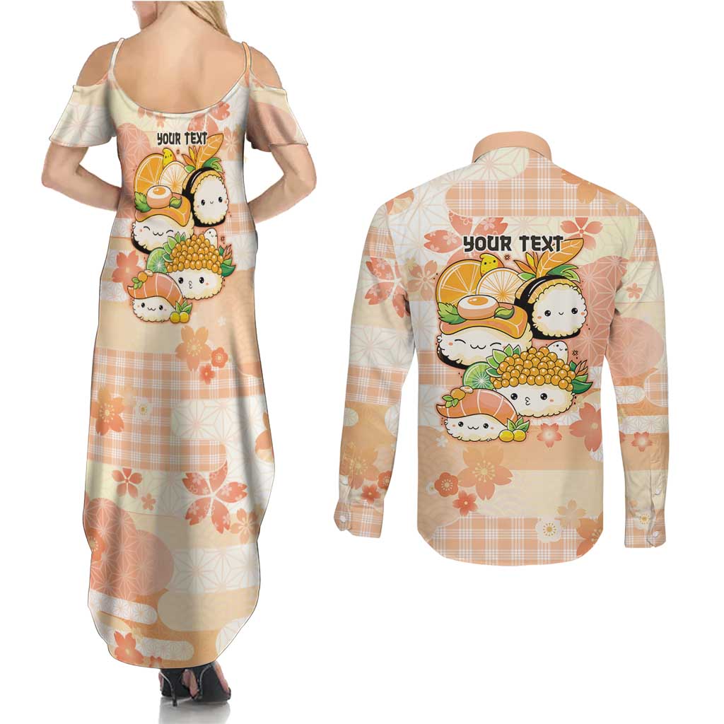 Personalized Japanese Kawaii Sushi Couples Matching Summer Maxi Dress and Long Sleeve Button Shirt Peach Wagara Palaka This Is How I Roll - Wonder Print Shop