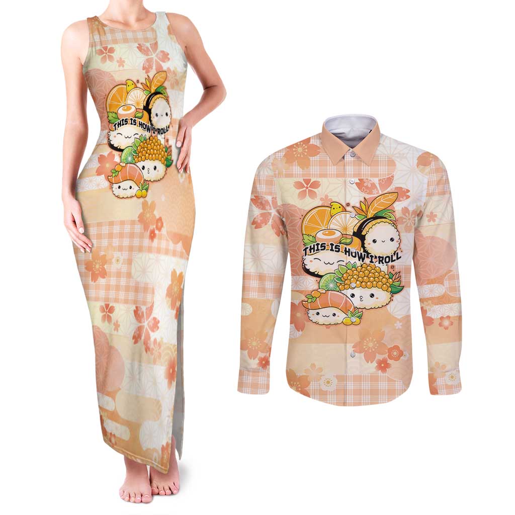 Personalized Japanese Kawaii Sushi Couples Matching Tank Maxi Dress and Long Sleeve Button Shirt Peach Wagara Palaka This Is How I Roll - Wonder Print Shop