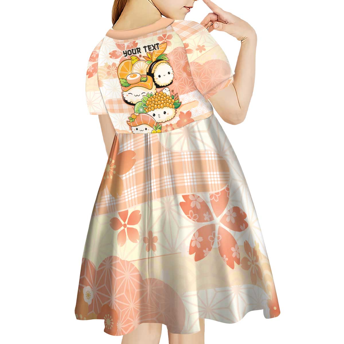 Personalized Japanese Kawaii Sushi Kid Short Sleeve Dress Peach Wagara Palaka This Is How I Roll - Wonder Print Shop
