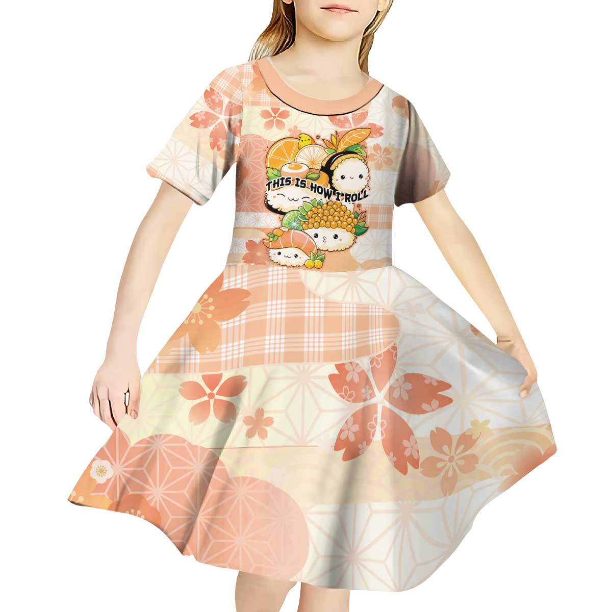 Personalized Japanese Kawaii Sushi Kid Short Sleeve Dress Peach Wagara Palaka This Is How I Roll - Wonder Print Shop