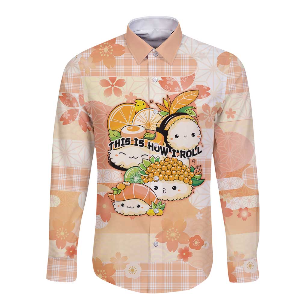 Personalized Japanese Kawaii Sushi Long Sleeve Button Shirt Peach Wagara Palaka This Is How I Roll - Wonder Print Shop