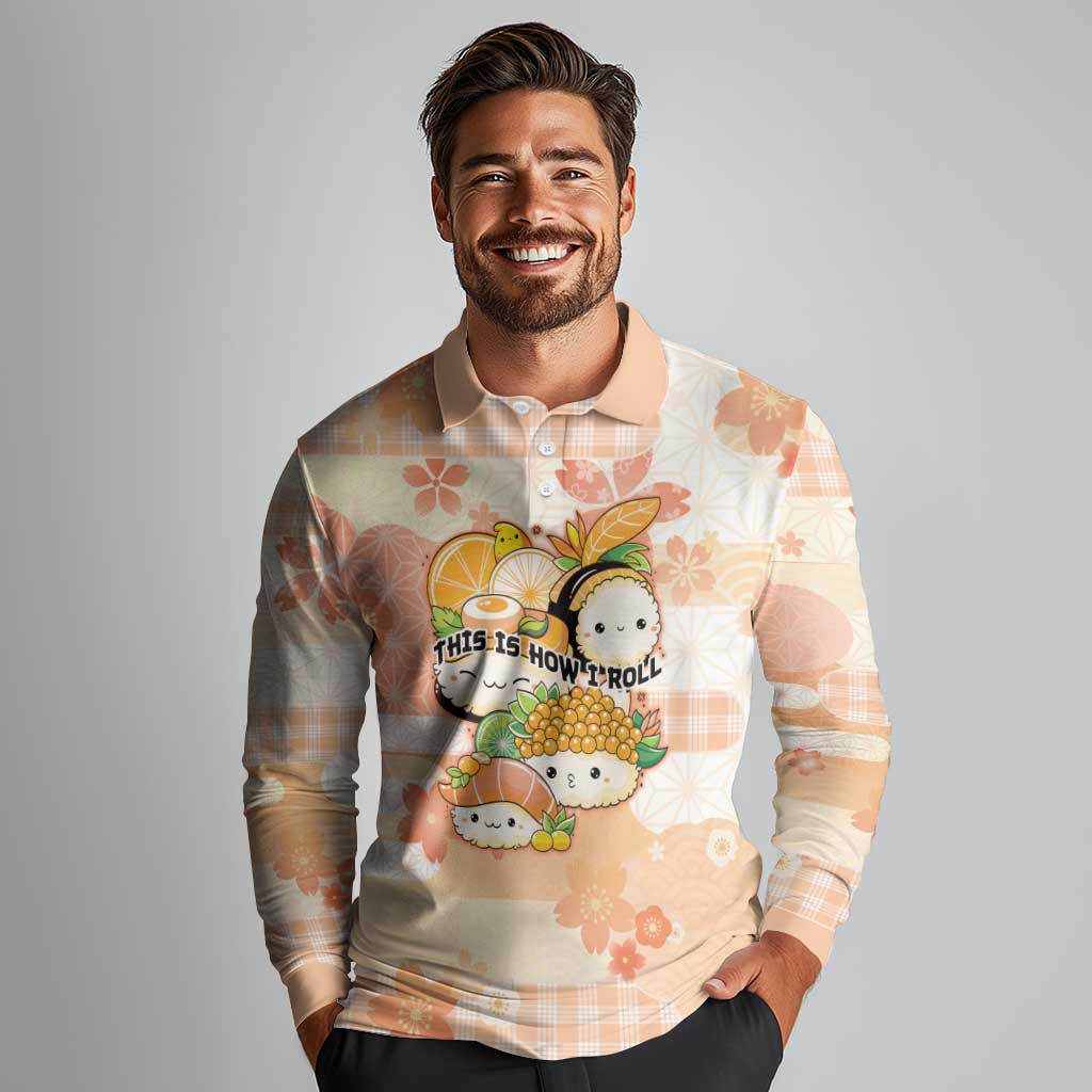 Personalized Japanese Kawaii Sushi Long Sleeve Polo Shirt Peach Wagara Palaka This Is How I Roll - Wonder Print Shop