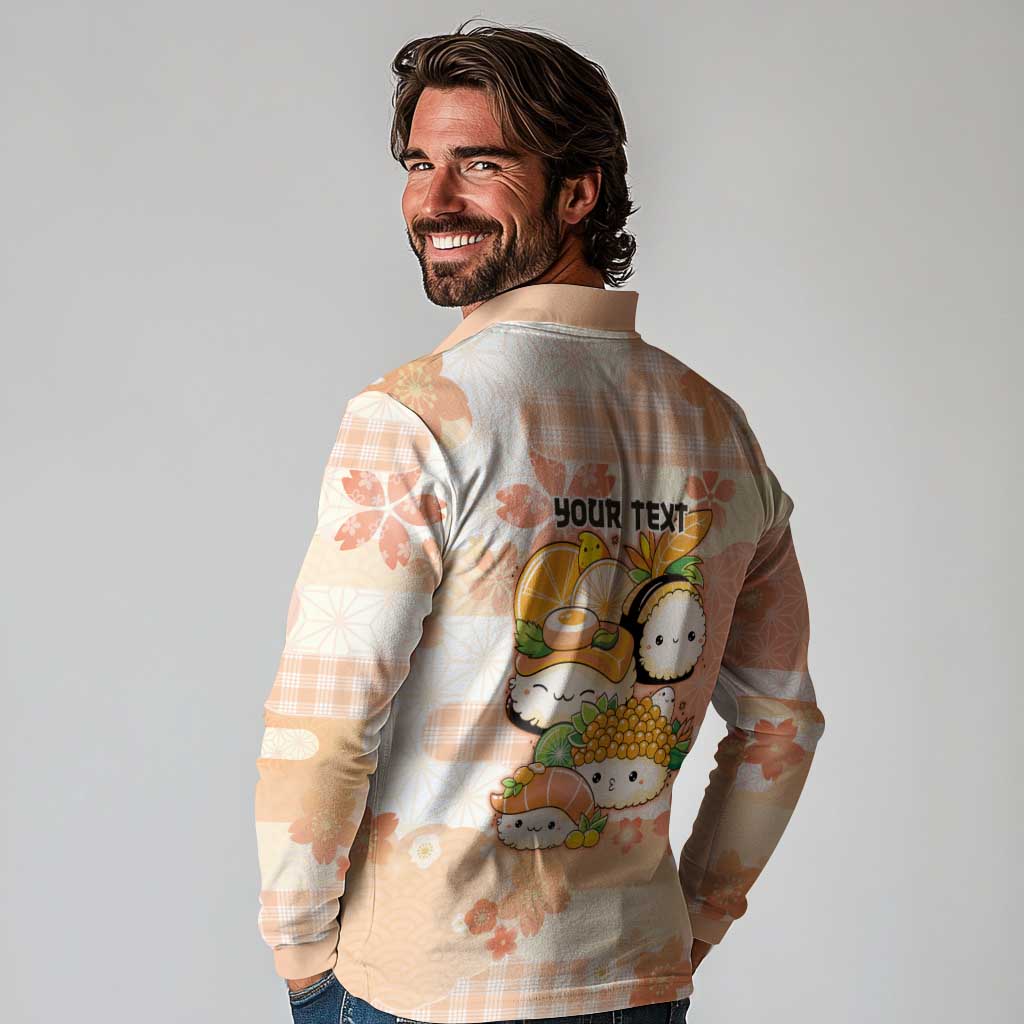 Personalized Japanese Kawaii Sushi Long Sleeve Polo Shirt Peach Wagara Palaka This Is How I Roll - Wonder Print Shop