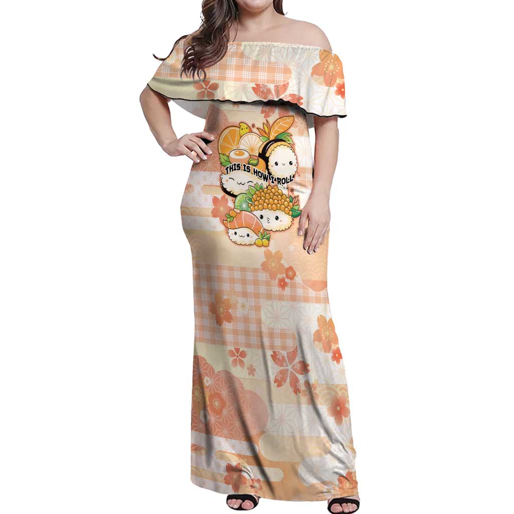 Personalized Japanese Kawaii Sushi Off Shoulder Maxi Dress Peach Wagara Palaka This Is How I Roll - Wonder Print Shop