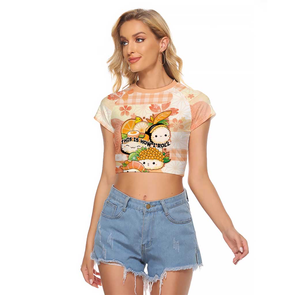 Personalized Japanese Kawaii Sushi Raglan Cropped T Shirt Peach Wagara Palaka This Is How I Roll - Wonder Print Shop