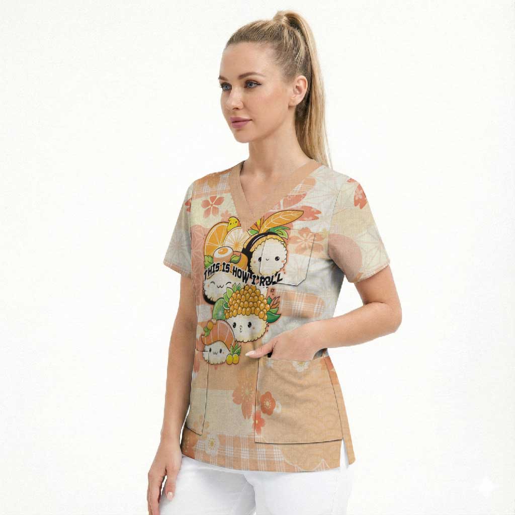 Personalized Japanese Kawaii Sushi Scrub Top Peach Wagara Palaka This Is How I Roll - Wonder Print Shop