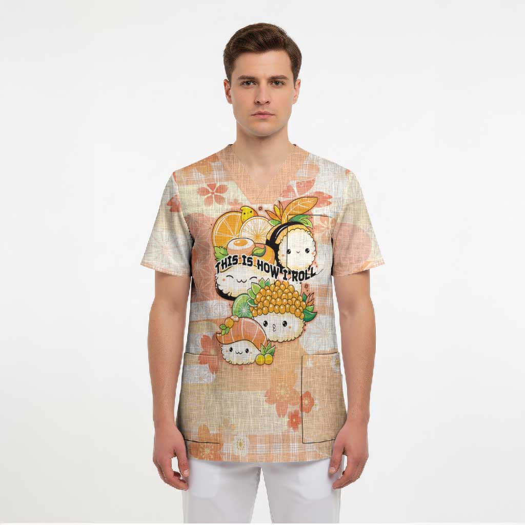 Personalized Japanese Kawaii Sushi Scrub Top Peach Wagara Palaka This Is How I Roll - Wonder Print Shop