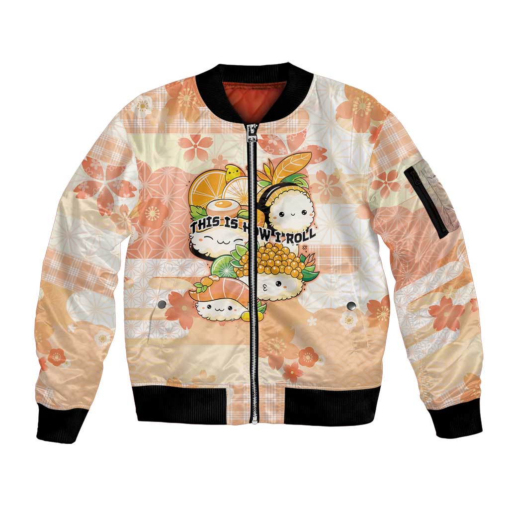 Personalized Japanese Kawaii Sushi Sleeve Zip Bomber Jacket Peach Wagara Palaka This Is How I Roll - Wonder Print Shop