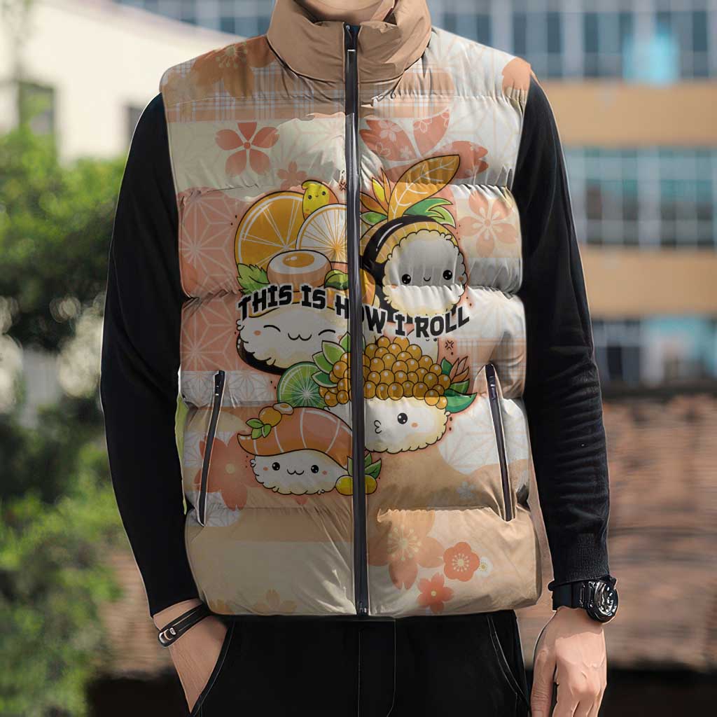 Personalized Japanese Kawaii Sushi Sleeveless Puffer Jacket Peach Wagara Palaka This Is How I Roll - Wonder Print Shop