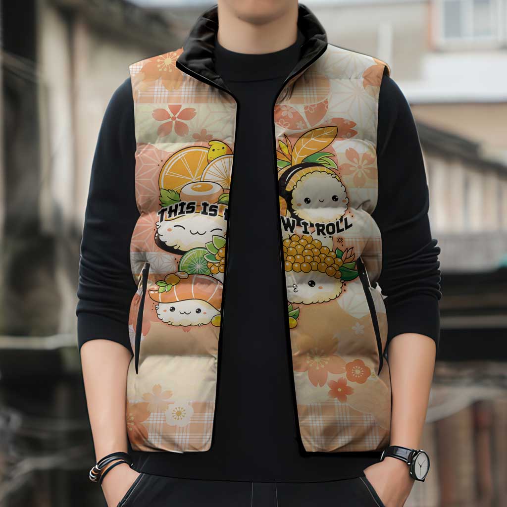 Personalized Japanese Kawaii Sushi Sleeveless Puffer Jacket Peach Wagara Palaka This Is How I Roll - Wonder Print Shop