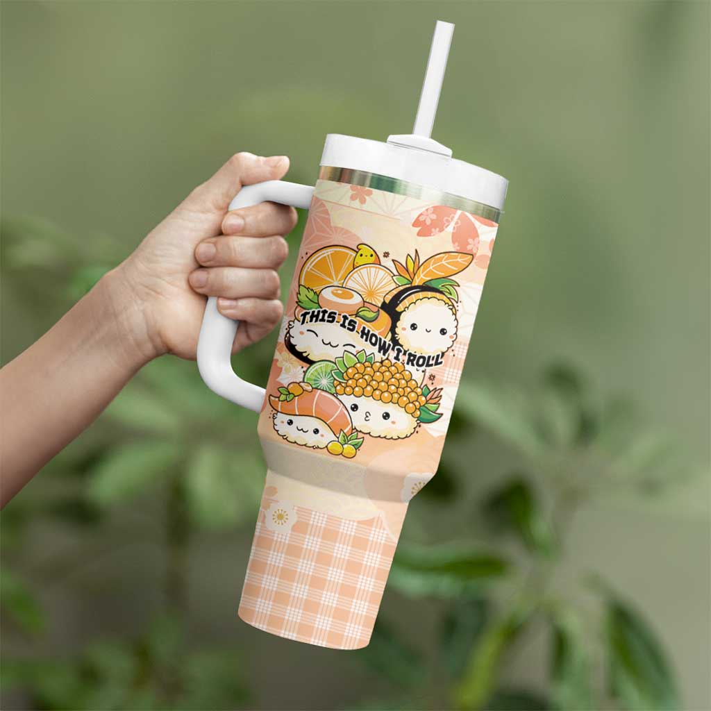 Personalized Japanese Kawaii Sushi Tumbler With Handle Peach Wagara Palaka This Is How I Roll - Wonder Print Shop