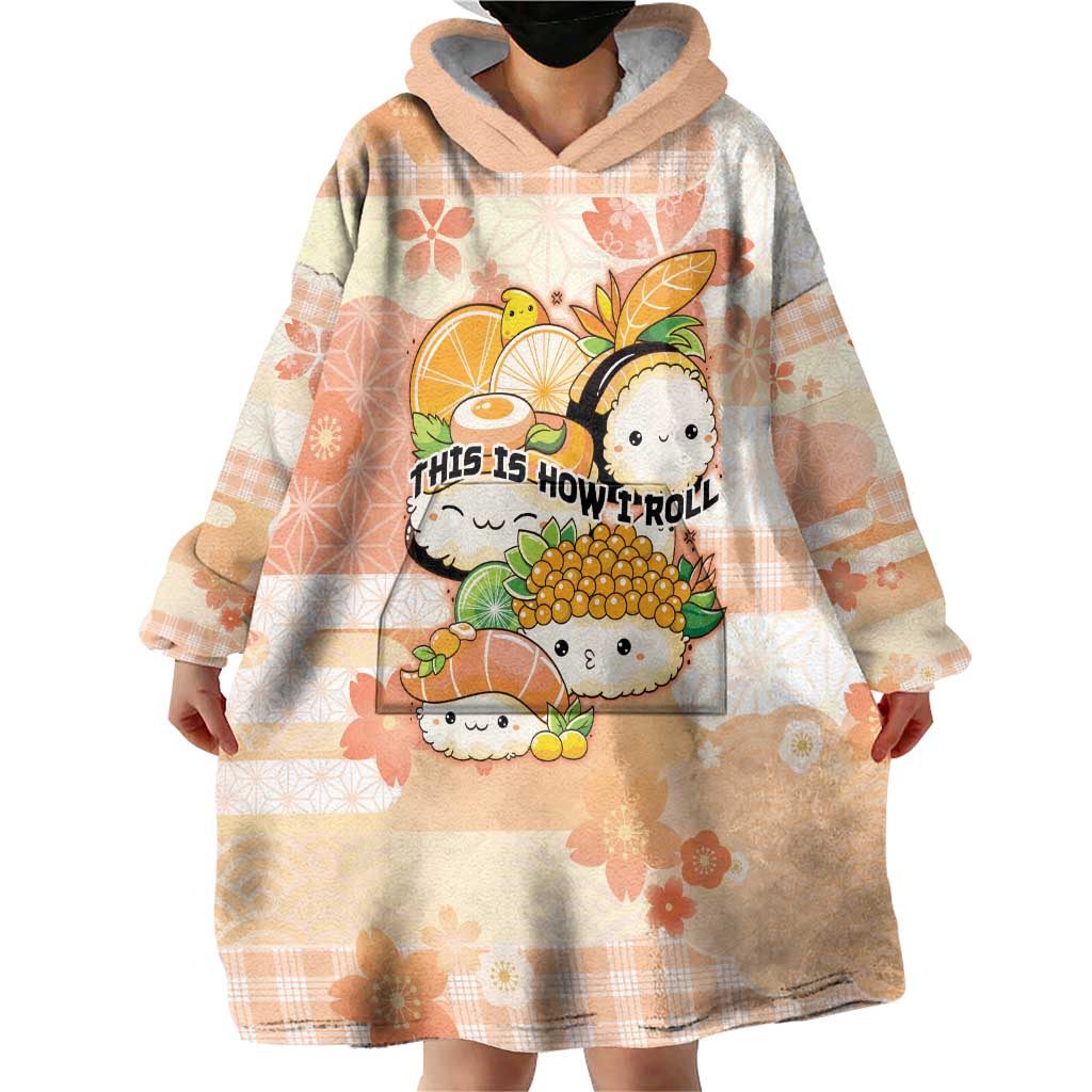Personalized Japanese Kawaii Sushi Wearable Blanket Hoodie Peach Wagara Palaka This Is How I Roll - Wonder Print Shop