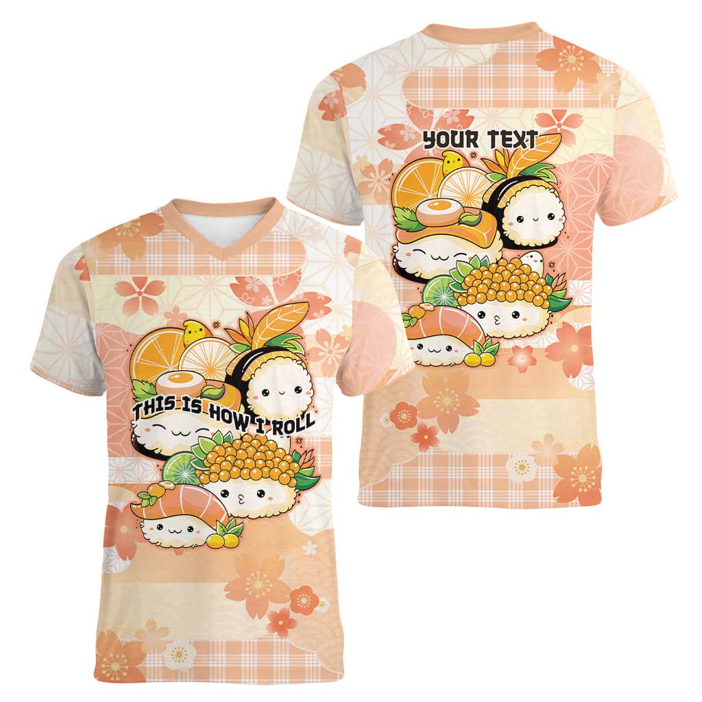 Personalized Japanese Kawaii Sushi Women V-Neck T-Shirt Peach Wagara Palaka This Is How I Roll - Wonder Print Shop