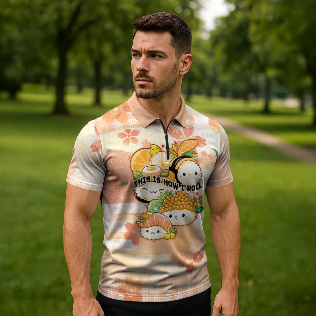 Personalized Japanese Kawaii Sushi Zipper Polo Shirt Peach Wagara Palaka This Is How I Roll - Wonder Print Shop