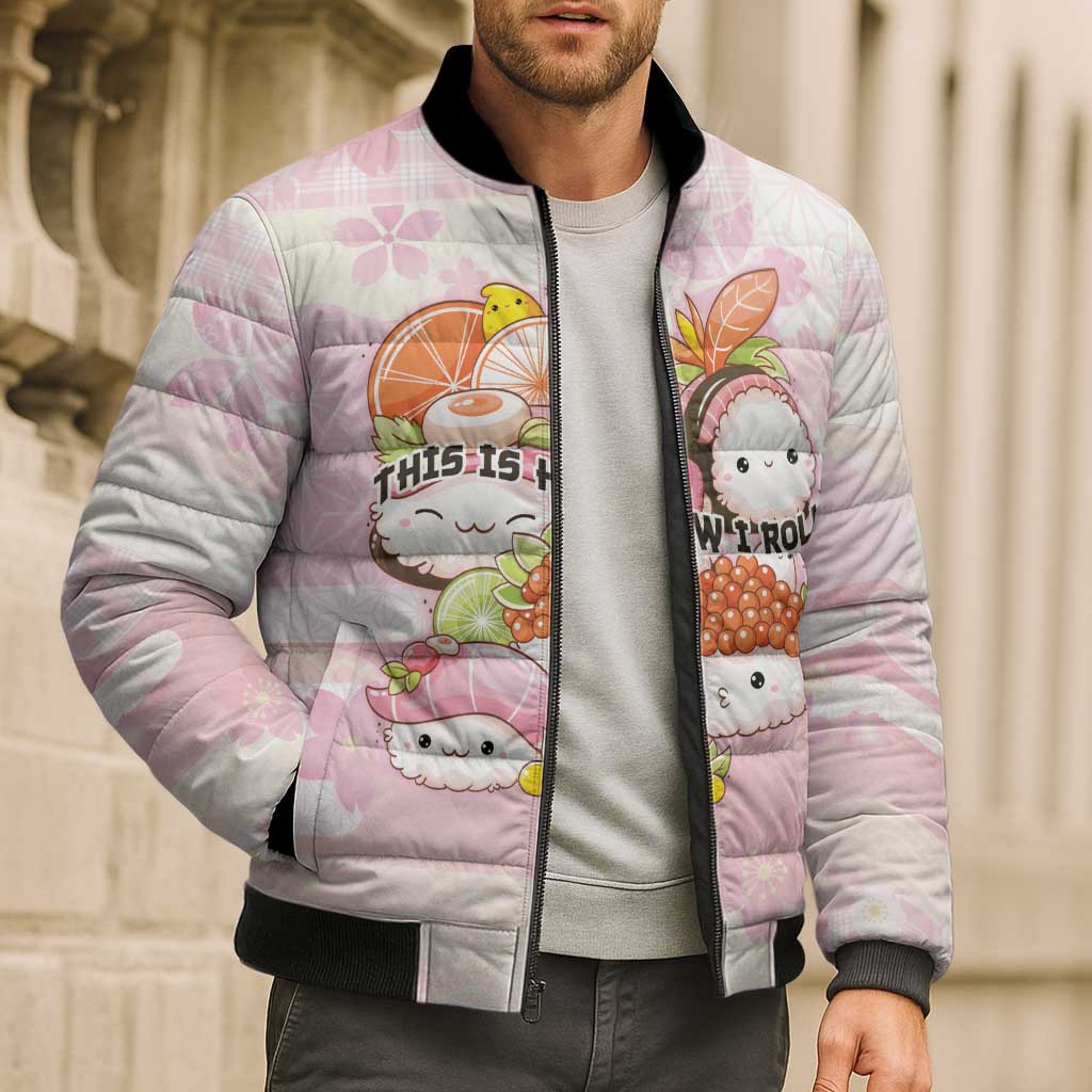 Personalized Japanese Kawaii Sushi Bomber Puffer Jacket Pink Wagara Palaka This Is How I Roll - Wonder Print Shop