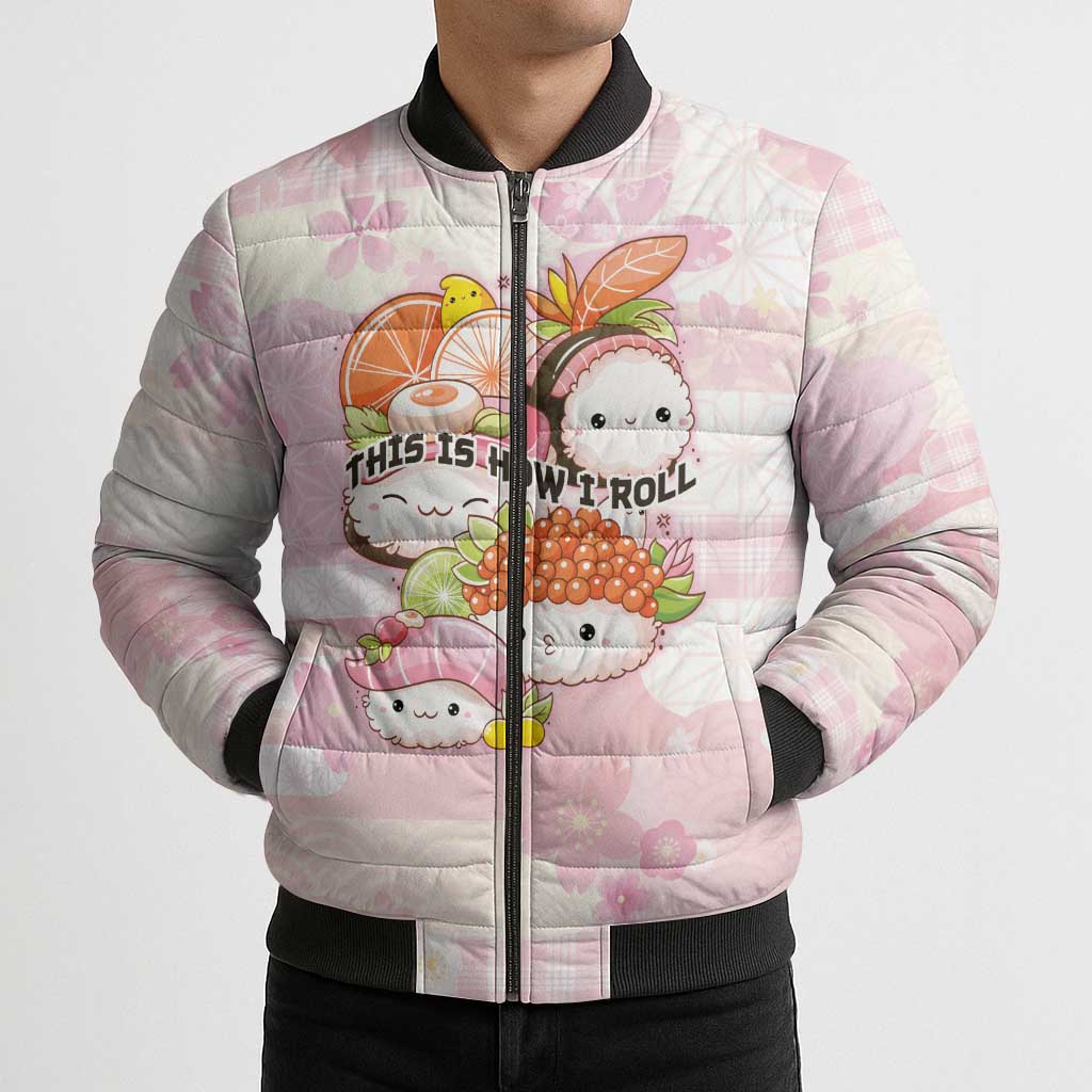 Personalized Japanese Kawaii Sushi Bomber Puffer Jacket Pink Wagara Palaka This Is How I Roll - Wonder Print Shop