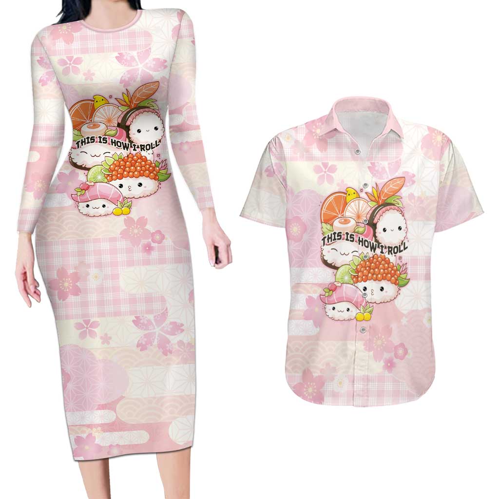 Personalized Japanese Kawaii Sushi Couples Matching Long Sleeve Bodycon Dress and Hawaiian Shirt Pink Wagara Palaka This Is How I Roll - Wonder Print Shop