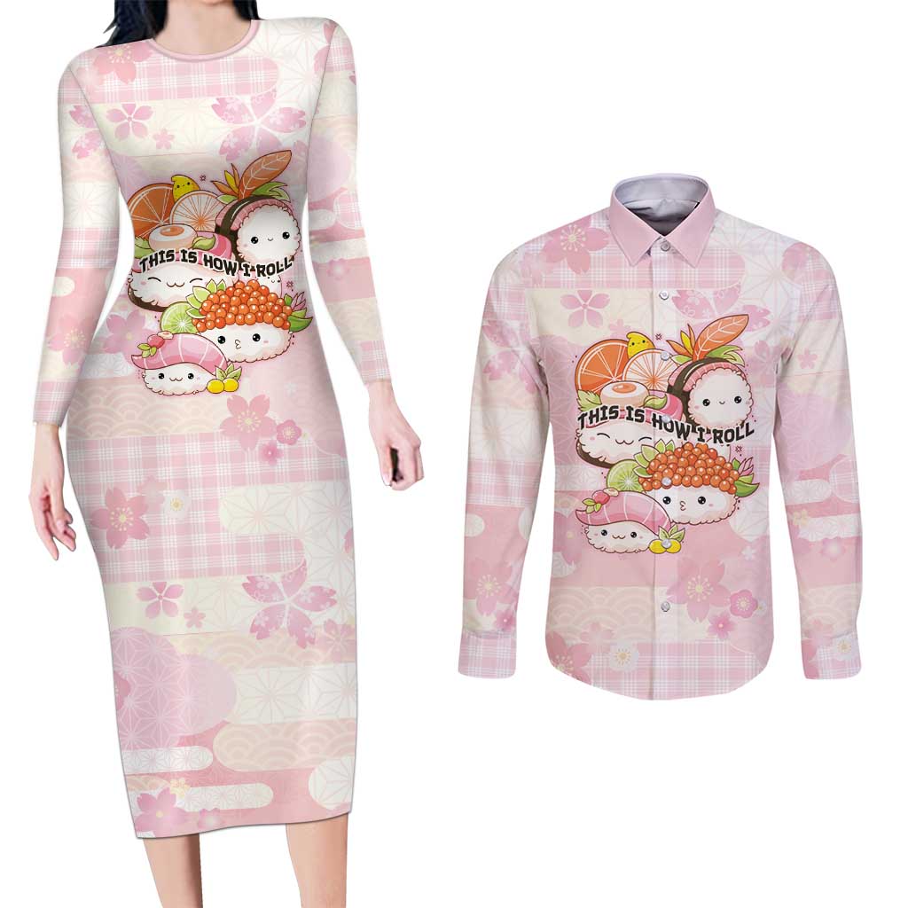 Personalized Japanese Kawaii Sushi Couples Matching Long Sleeve Bodycon Dress and Long Sleeve Button Shirt Pink Wagara Palaka This Is How I Roll - Wonder Print Shop