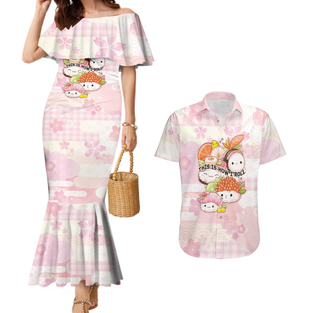Personalized Japanese Kawaii Sushi Couples Matching Mermaid Dress and Hawaiian Shirt Pink Wagara Palaka This Is How I Roll - Wonder Print Shop