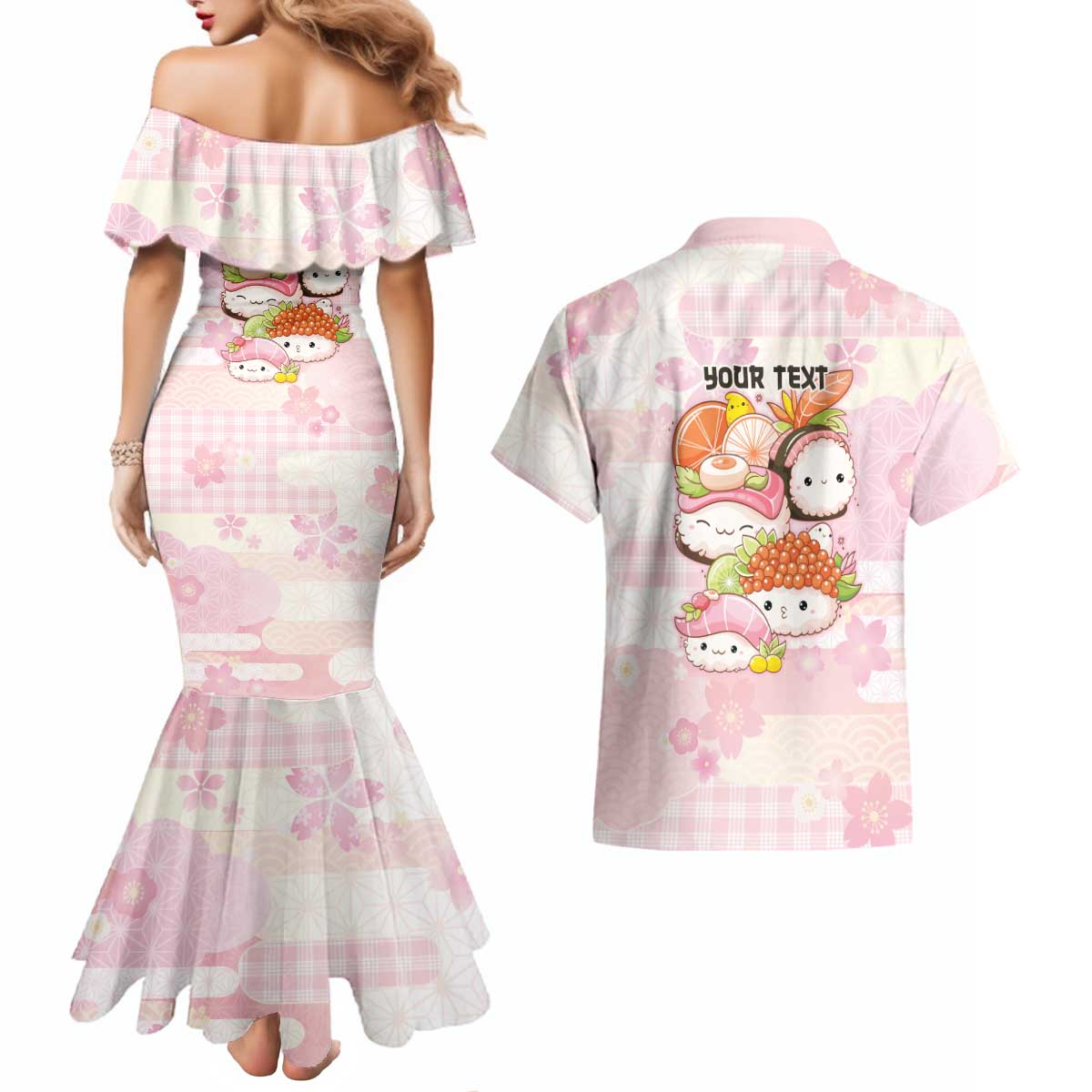 Personalized Japanese Kawaii Sushi Couples Matching Mermaid Dress and Hawaiian Shirt Pink Wagara Palaka This Is How I Roll - Wonder Print Shop