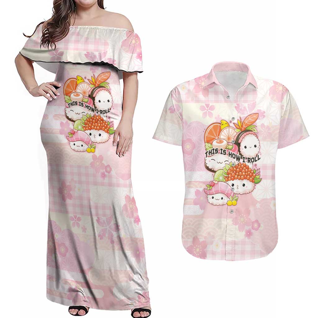 Personalized Japanese Kawaii Sushi Couples Matching Off Shoulder Maxi Dress and Hawaiian Shirt Pink Wagara Palaka This Is How I Roll - Wonder Print Shop