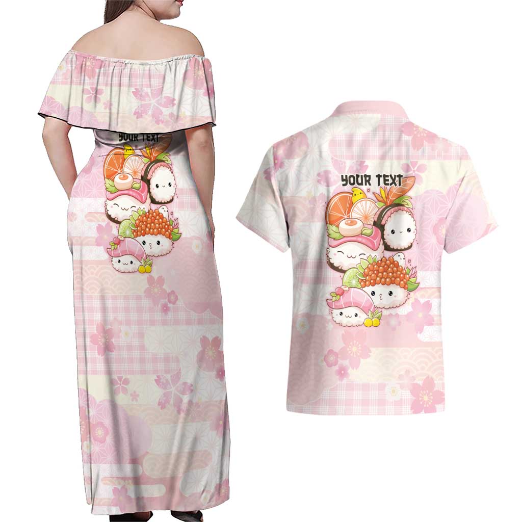Personalized Japanese Kawaii Sushi Couples Matching Off Shoulder Maxi Dress and Hawaiian Shirt Pink Wagara Palaka This Is How I Roll - Wonder Print Shop