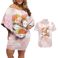 Personalized Japanese Kawaii Sushi Couples Matching Off Shoulder Short Dress and Hawaiian Shirt Pink Wagara Palaka This Is How I Roll - Wonder Print Shop