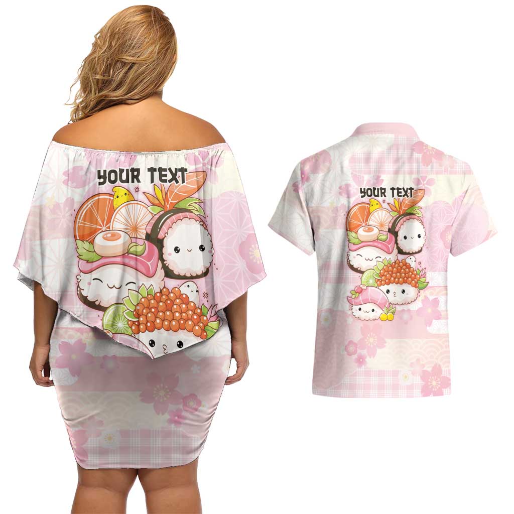 Personalized Japanese Kawaii Sushi Couples Matching Off Shoulder Short Dress and Hawaiian Shirt Pink Wagara Palaka This Is How I Roll - Wonder Print Shop