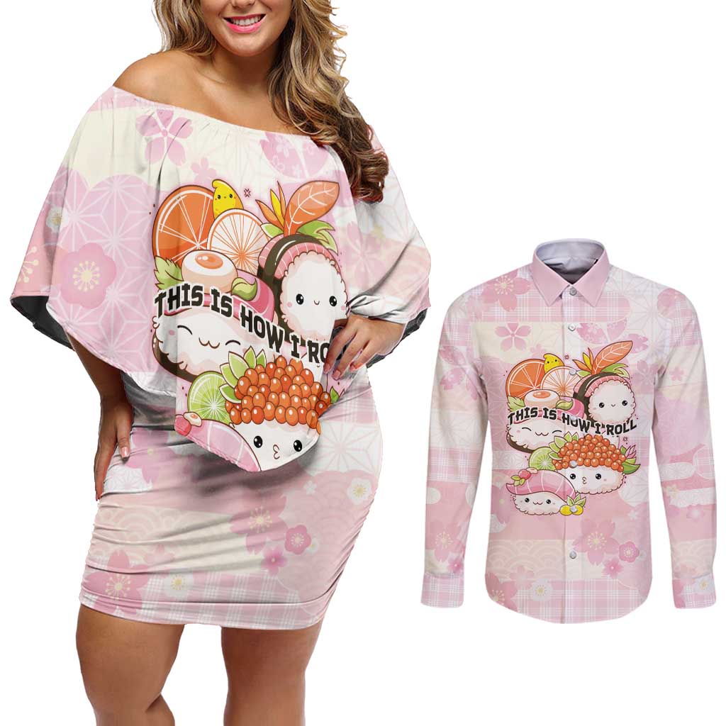 Personalized Japanese Kawaii Sushi Couples Matching Off Shoulder Short Dress and Long Sleeve Button Shirt Pink Wagara Palaka This Is How I Roll - Wonder Print Shop