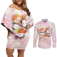 Personalized Japanese Kawaii Sushi Couples Matching Off Shoulder Short Dress and Long Sleeve Button Shirt Pink Wagara Palaka This Is How I Roll - Wonder Print Shop