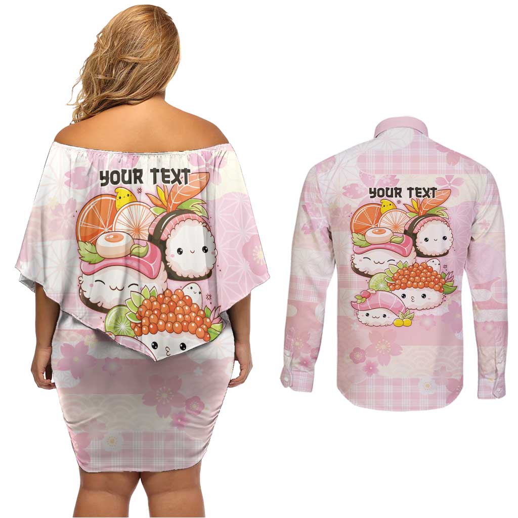 Personalized Japanese Kawaii Sushi Couples Matching Off Shoulder Short Dress and Long Sleeve Button Shirt Pink Wagara Palaka This Is How I Roll - Wonder Print Shop