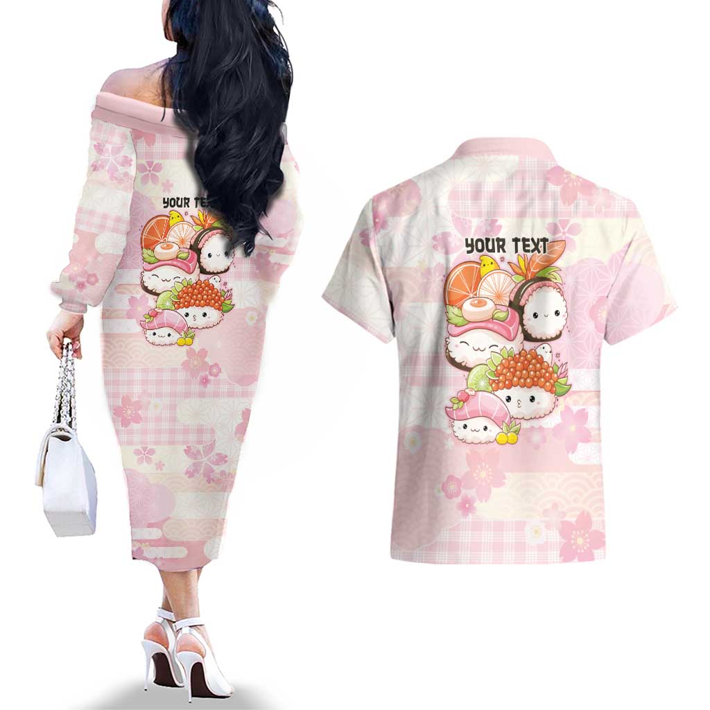 Personalized Japanese Kawaii Sushi Couples Matching Off The Shoulder Long Sleeve Dress and Hawaiian Shirt Pink Wagara Palaka This Is How I Roll - Wonder Print Shop