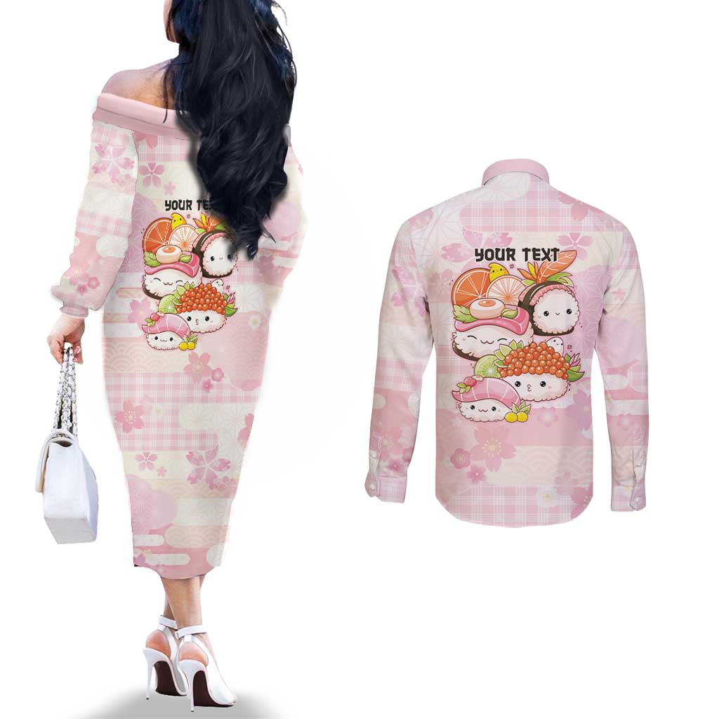 Personalized Japanese Kawaii Sushi Couples Matching Off The Shoulder Long Sleeve Dress and Long Sleeve Button Shirt Pink Wagara Palaka This Is How I Roll - Wonder Print Shop
