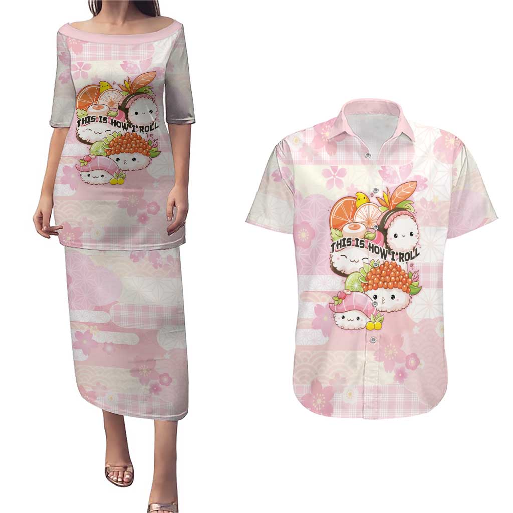 Personalized Japanese Kawaii Sushi Couples Matching Puletasi and Hawaiian Shirt Pink Wagara Palaka This Is How I Roll - Wonder Print Shop