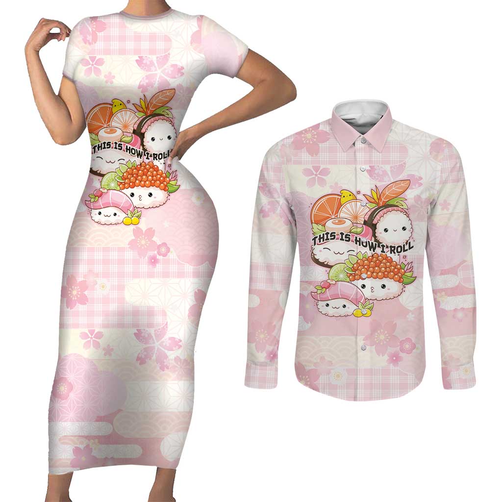 Personalized Japanese Kawaii Sushi Couples Matching Short Sleeve Bodycon Dress and Long Sleeve Button Shirt Pink Wagara Palaka This Is How I Roll - Wonder Print Shop