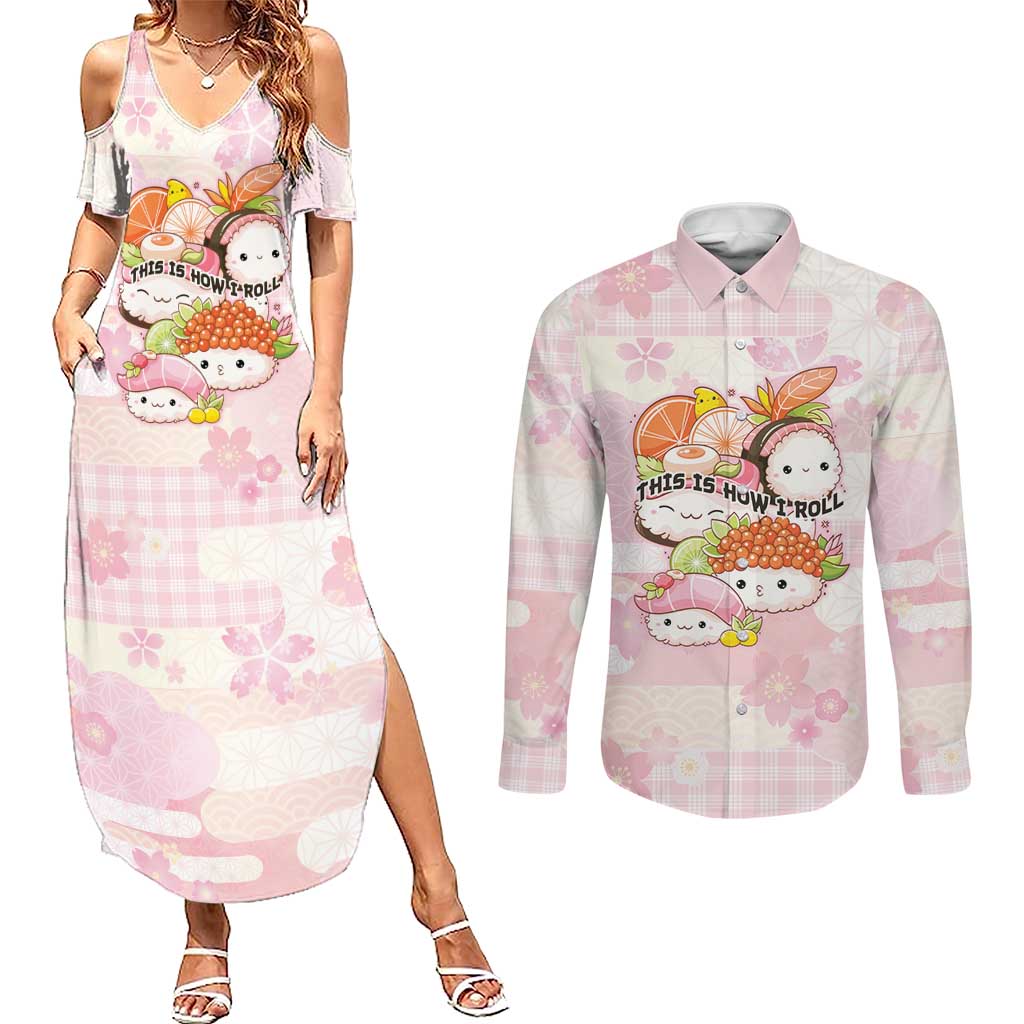Personalized Japanese Kawaii Sushi Couples Matching Summer Maxi Dress and Long Sleeve Button Shirt Pink Wagara Palaka This Is How I Roll - Wonder Print Shop