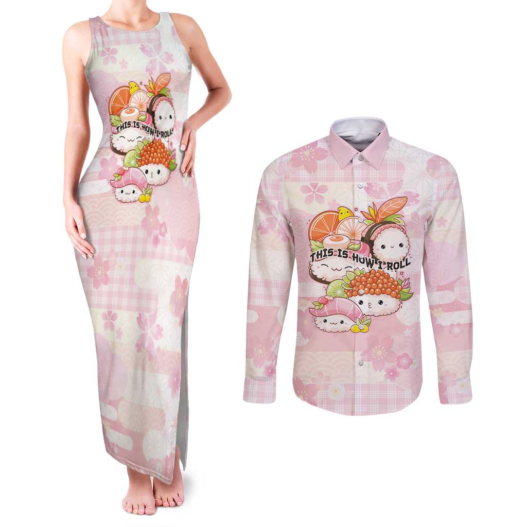 Personalized Japanese Kawaii Sushi Couples Matching Tank Maxi Dress and Long Sleeve Button Shirt Pink Wagara Palaka This Is How I Roll - Wonder Print Shop